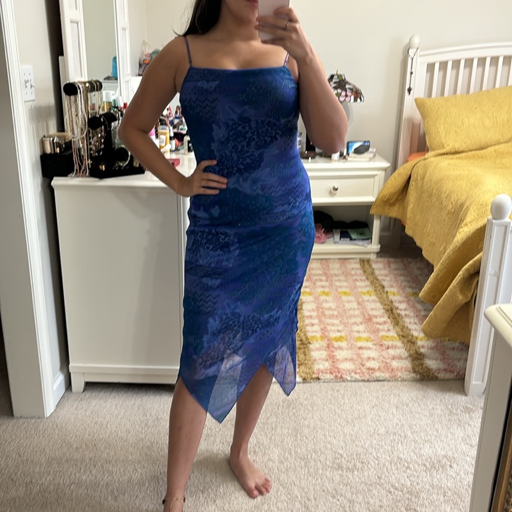 Vintage 90s City Triangles Dress XS Blue Sleeveless Fairy Asymmetrical Point Hem